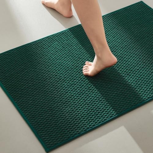 TYUU Bathroom Rugs Non Slip Washable, Super Absorbent Thin Bath Mat Quick Dry Low Pile Bathroom Rug, Dark Green 24"x36"