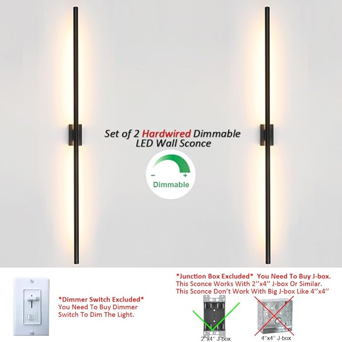 Only Suitable for Small Junction Box Set of 2 Minimalist Long Tube Linear LED Wall Sconce Hardwired 48 Inch Vanity Wall Light for Living Room Corridor Bathroom Bedroom (2 Pack, 48'', Black, Dimmable)