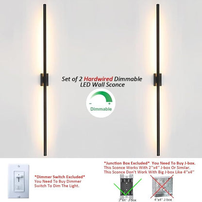 Only Suitable for Small Junction Box Set of 2 Minimalist Long Tube Linear LED Wall Sconce Hardwired 48 Inch Vanity Wall Light for Living Room Corridor Bathroom Bedroom (2 Pack, 48'', Black, Dimmable)