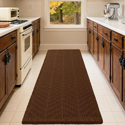 Extra Large Waffle Bath Mat, Boho Woven Modern Bath Rug Absorbent Non Slip, Ultra Soft Bathroom Mats, Machine Washable Knit Bath Rugs with Herringbones for Bathroom, Bedroom, Kitchen, 6'x2', Brown