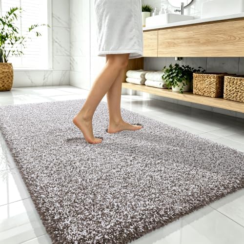 OLANLY Microfiber Bathroom Rugs 59x35, Quick Dry Bath Mat, Brown and White