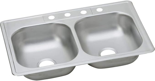 Dayton Stainless Steel 33" x 21-1/4" x 6-9/16", 2-Hole Equal Double Bowl Drop-in Sink