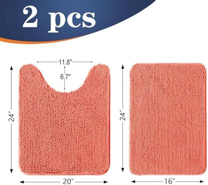 OLANLY Chenille Bathroom Rugs Mats Sets 2 Piece, 24"x16"+24"x20", Coral