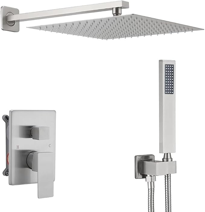 Brushed Nickel Shower System 12 Inches Bathroom Luxury Rain Shower Head with Handheld Combo Set Wall Mounted High Pressure Rainfall Shower Head System Shower Faucet with Valve and Trim Kit