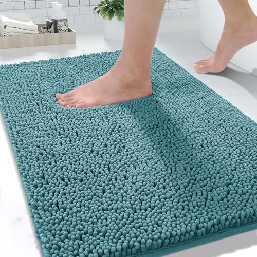 Yimobra Washable Bathroom Rugs, Super Soft & Absorbent Chenille Bath Mat for Floor & Carpet, Quick Dry Non Slip Bath Mat for Tub Shower, 24" x 17",Teal Blue
