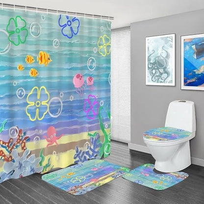 Yddsky 4PCS Kids Ocean Cartoon Shower Curtain Sets for Bathroom,72x72 Inch