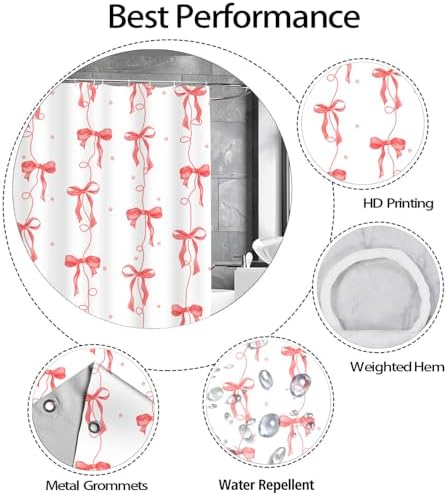 Red Bow Shower Curtain for Bathroom, Teen Girls Theme, 72x72 Inches