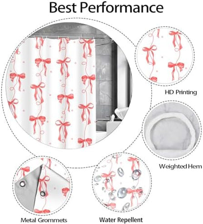 Red Bow Shower Curtain for Bathroom, Teen Girls Theme, 72x72 Inches