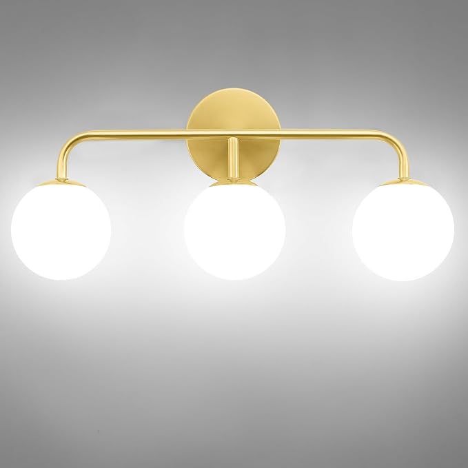 Gold Bathroom Vanity Lights, Mid Century Modern 3-Light Bathroom Lighting Fixtures Over Mirror, Brushed Gold Bathroom Lights Wall Sconce with Frosted Globe Milk Glass Shade, Wall Mount Light Fixture