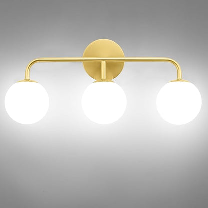 Gold Bathroom Vanity Lights, Mid Century Modern 3-Light Bathroom Lighting Fixtures Over Mirror, Brushed Gold Bathroom Lights Wall Sconce with Frosted Globe Milk Glass Shade, Wall Mount Light Fixture