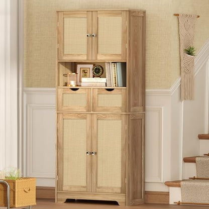 TEENFON 57.8" H Tall Storage Cabinet with 2 Drawers & 2 Adjustable Shelves, Rattan Cabinets with 4 Doors, Cupboard, Kitchen Cabinets, Pantry Cabinet, Tall Cabinet for Living Room, Entryway, Natural