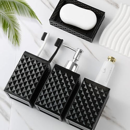 RYTOXILO Black Bathroom Accessories Set, 4 Pack Matte Black Bath Accessory Sets Complete, Acrylic Soap Dispenser and Toothbrush Holder Set for Bathroom Counter Sink, Modern Bathroom Decor