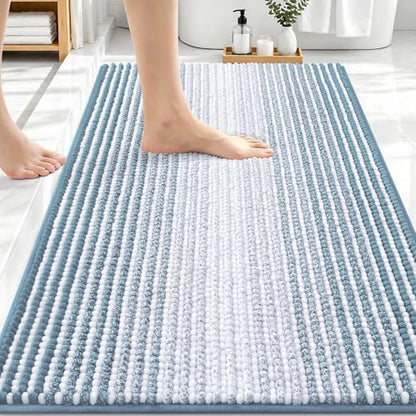 OLANLY Bathroom Rugs 30x20, Soft Chenille Striped Bath Rugs, Airy Blue