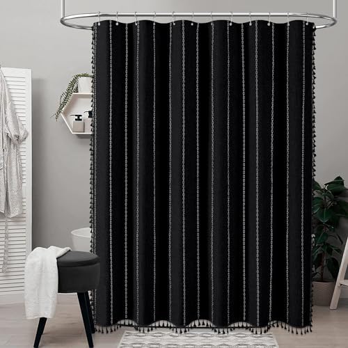 BTTN 72 x 80 Boho Linen Heavy Duty Cloth Shower Curtain Set, Black White