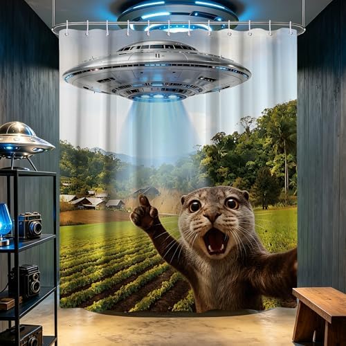 Funny Otter Shower Curtain Fun Carzy UFO Shower Curtains for Boys Bathroom Decor Sets, Waterproof Cloth Fabric with Hooks, 70 x 72 Inch