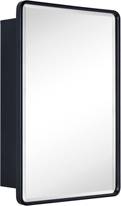 TEHOME Surface Mount 16x24 Black Bathroom Medicine Cabinet with Mirror Matt Black Metal Framed Rounded Rectangle Medicine Cabinet with Beveled Mirror