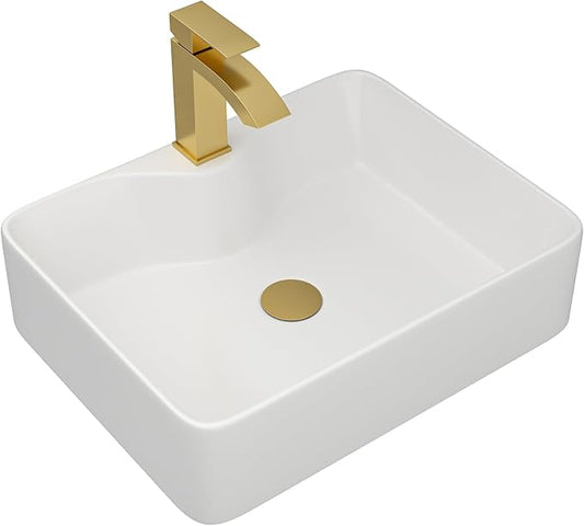 Dcolora 19 In. White Vessel Sink for Bathroom, Rectangular Above Counter Porcelain Ceramic Sink with Gold Accessories, 15"D x 19"W x 5"H #DC-SFDOE00087