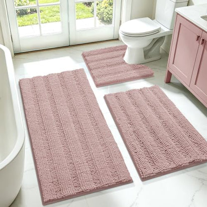 Striped Dusty Pink Bathroom Rug Set 3 Pieces Ultra Soft, Non Slip Chenille Bath Carpet, Absorbent Plush Shaggy Bath Mats for Bathroom, Toilet, Bedroom, Kitchen
