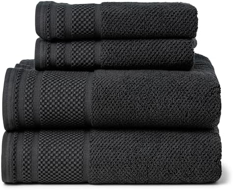Texere 100% Organic Cotton Rice Weave Jacquard 700 GSM Luxury Bath Towel Sets - Ultra Soft and Absorbent Hotel and Spa Quality (Rice Weave, Black, 2 Bath & 2 Hand Towels)