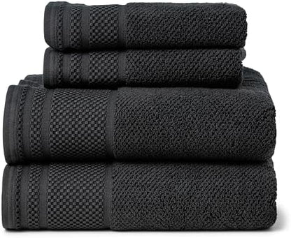 Texere 100% Organic Cotton Rice Weave Jacquard 700 GSM Luxury Bath Towel Sets - Ultra Soft and Absorbent Hotel and Spa Quality (Rice Weave, Black, 2 Bath & 2 Hand Towels)