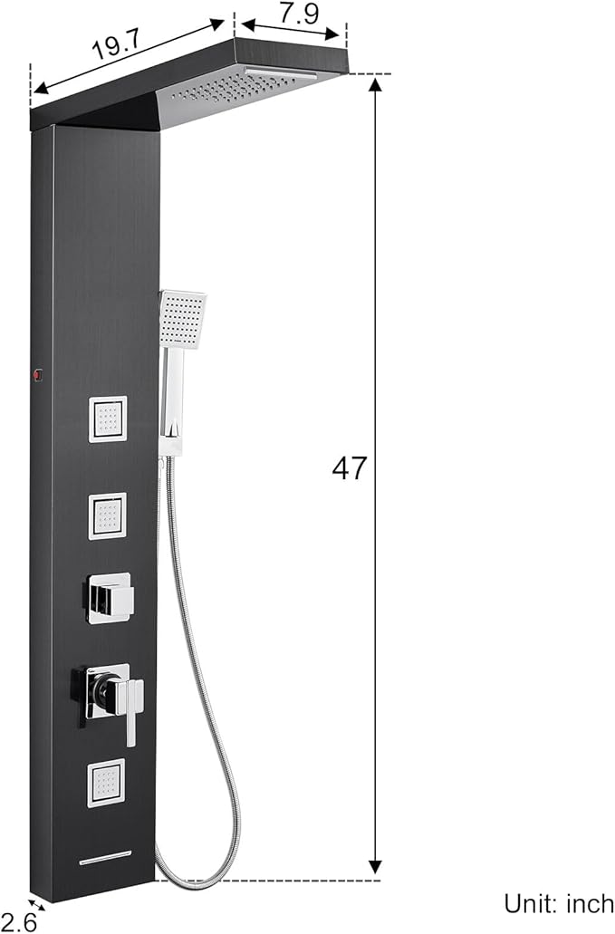 MENATT LED Shower Panel Tower System, Bathroom 5-Function Shower Panel Tower with LED Rainfall Waterfall Shower Head, Massage Jets, Tub Spout, Handheld Shower, Black