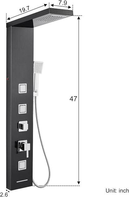 MENATT LED Shower Panel Tower System, Bathroom 5-Function Shower Panel Tower with LED Rainfall Waterfall Shower Head, Massage Jets, Tub Spout, Handheld Shower, Black
