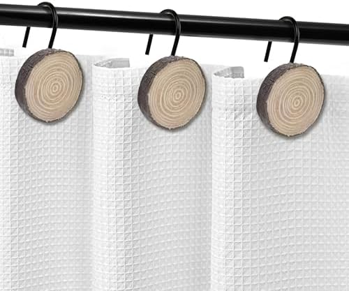 Sunlit Farmhouse Wooden Slices Shower Curtain Hooks, Rustic Home Decorative Shower Curtain Rings with Black Hooks for Bathroom, Resin Shower Curtain Hangers Bathroom Accessories, Set of 12