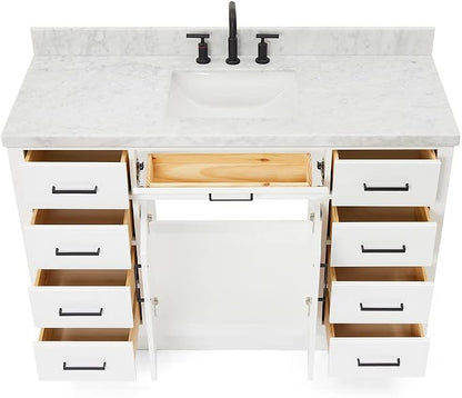 DKB Isabella 54" White Single Bathroom Vanity with Sink, 1.5" Italian Carrara Marble Countertop, Rectangular Undermount Sink, 2 Soft Closing Doors, 8 Dovetail Drawers, 1 Tilt Drawer