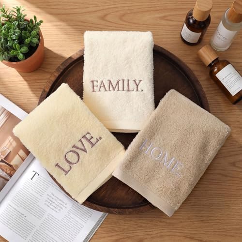 FuWeave 3 Pcs Beige Decorative Hand Towels for Bathroom,Home Love Family