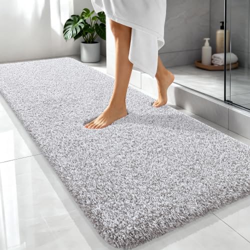 OLANLY Microfiber Bathroom Rugs 70x24, Quick Dry Mat, Light Grey and White