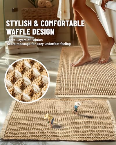 Furicher Large Waffle Bath Mat Set, Non Slip Bathroom Mat Set 2 Piece, Ultra Absorbent Bath Mats, Machine Washable Bath Rugs, Brown & White, 20"×47" and 16"×24"