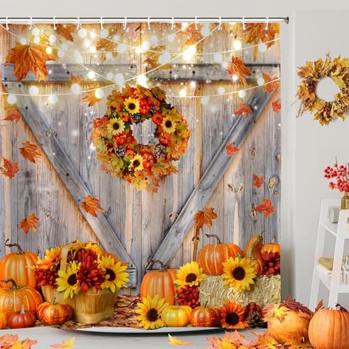 Fall Shower Curtain, Rustic Autumn Pumpkins Wood Barn Door Sunflowers Thanksgiving Harvest Farmhouse Bathroom Decor, Waterproof Cloth Fabric Bath Curtain with Hooks 72 x 72 inch