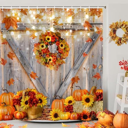 Fall Shower Curtain, Rustic Autumn Pumpkins Wood Barn Door Sunflowers Thanksgiving Harvest Farmhouse Bathroom Decor, Waterproof Cloth Fabric Bath Curtain with Hooks 72 x 72 inch