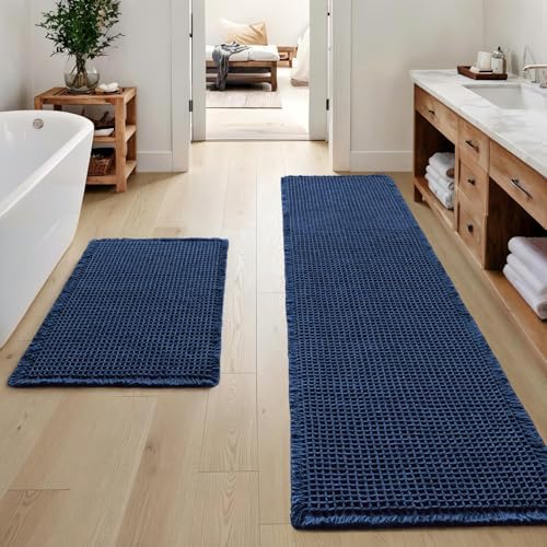 MIULEE Set of 2 Waffle Bathroom Rugs Navy Blue Bath Mat 17"x24"+17"x48"