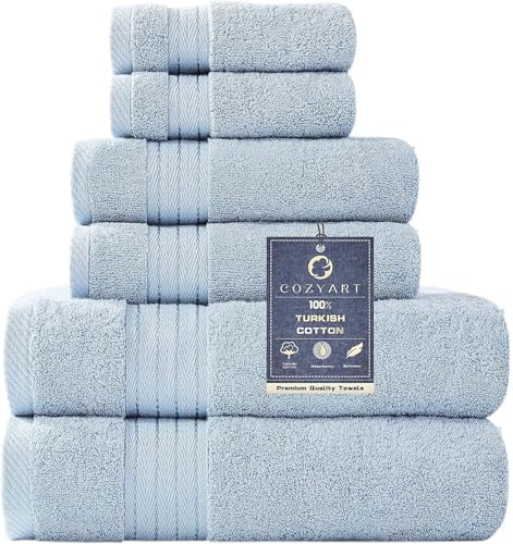 COZYART Luxury Bath Towel Set 6 Pcs, Light Blue 100% Turkish Cotton 650 GSM