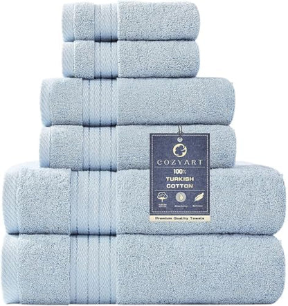 COZYART Luxury Bath Towel Set 6 Pcs, Light Blue 100% Turkish Cotton 650 GSM