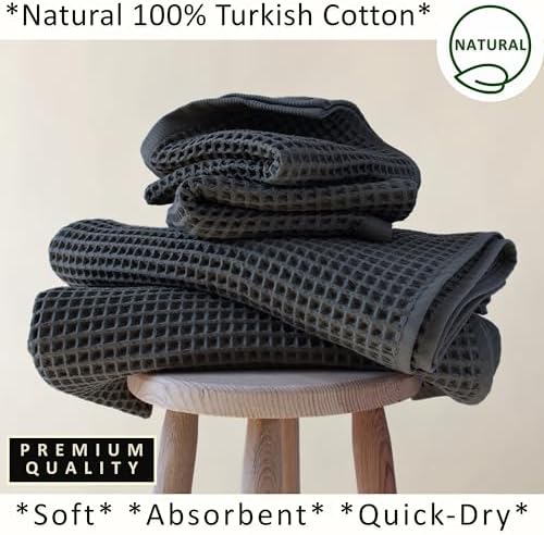 PÜSKÜL Natural 100% Turkish Cotton Waffle Towels Set of 4-Piece, Anthracite