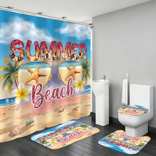 LQCOOL Beach Scene Shower Curtain Set 4Pcs Summery Bathroom Sets with Rugs Waterproof Shower Curtain with 12 Hooks for Bathroom Decor