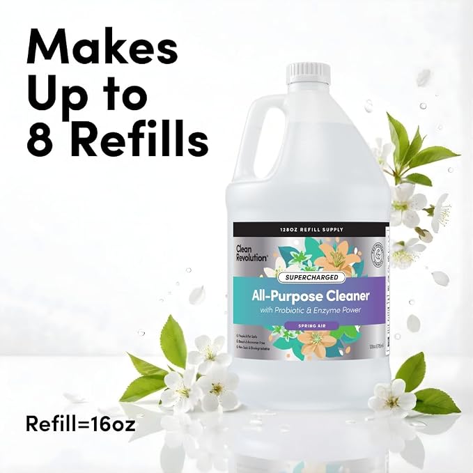 Clean Revolution SuperCharged All Purpose Cleaner Refill with Smart Probiotic + Enzyme Complex, Multi-Surface Kitchen Bathroom & Floor Cleaner, Spring Air, 128 Fl Oz