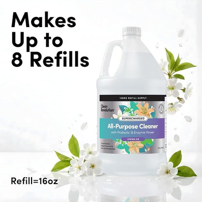 Clean Revolution SuperCharged All Purpose Cleaner Refill with Smart Probiotic + Enzyme Complex, Multi-Surface Kitchen Bathroom & Floor Cleaner, Spring Air, 128 Fl Oz