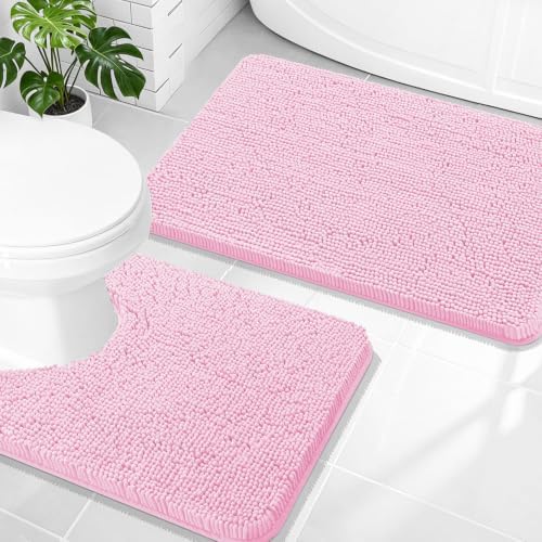 OLANLY Chenille Bathroom Rugs Mats Sets 2 Piece, 30"x20"+24"x20", Pink