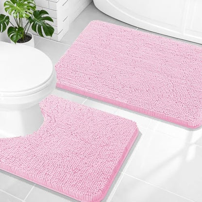 OLANLY Chenille Bathroom Rugs Mats Sets 2 Piece, 30"x20"+24"x20", Pink