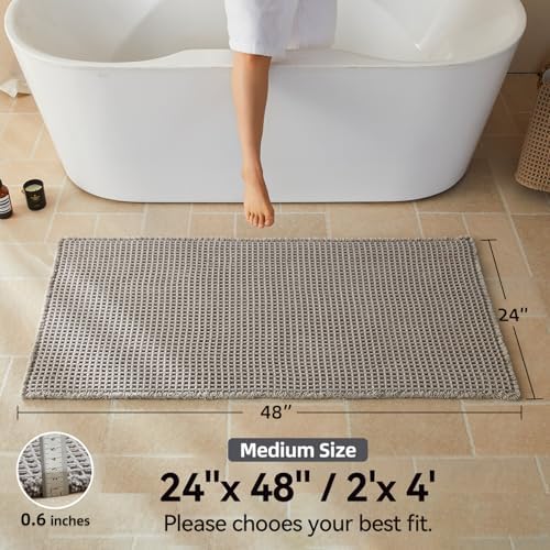 Triohero Waffle Bath Mat, Boho Bathroom Rugs Non Slip, 24x48 Light Grey