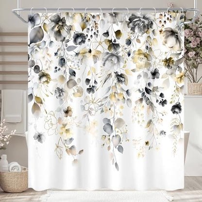 Yellow Grey Floral Gray Pastel Rustic Bathroom Shower Curtain Set