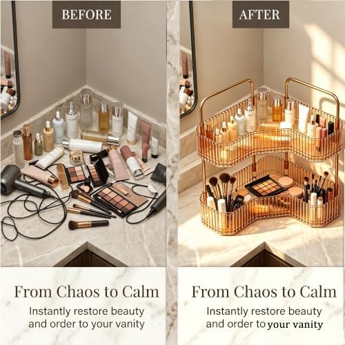 2-Tier Corner Bathroom Organizer, Skincare Vanity Counter Shelf Orange