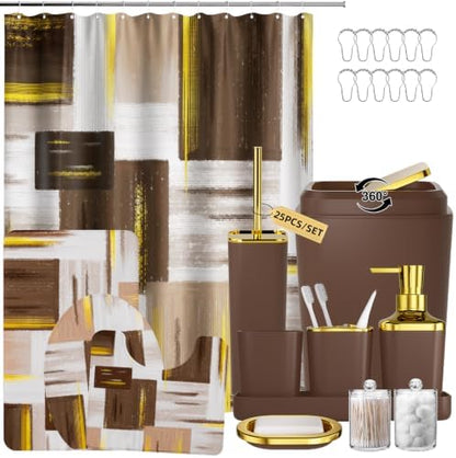 XLHOMO Bathroom Set - Brown Bathroom Accessories Set, Bathroom Sets with Shower Curtain and Rugs, Brown Shower Curtain Set with Bathroom Trash Can, Soap Dispenser, Soap Dish for Home Decor