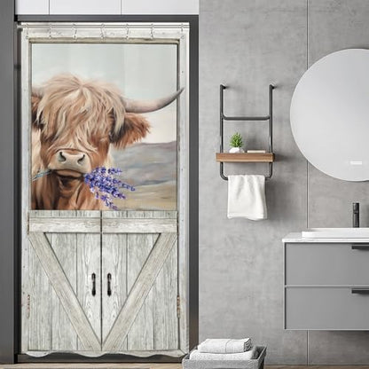 Stall Bull Highland Cow Shower Curtain 36Wx72L Inch Funny Barn Door Small Half Narrow Farmhouse Rustic Wood Wooden Vintage Animal Bathroom Set Accessories Decor with Plastic Hooks