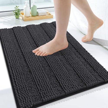 Grandaily Chenille Striped Bathroom Rugs 24x16, Extra Thick and Soft Absorbent Bath Mats, Rubber Backing, Plush Shaggy Shower Carpet, Machine Wash Dry, Bath Rug for Bathroom, Charcoal