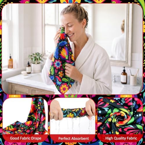 FuWeave 8 Pcs Mexico Floral Shower Curtain Set for Bathroom Decor Include Mexican Folk Art Floral Bird Shower Curtain Towels Non Slip Rugs Toilet Lid Cover Colorful Bohemian Bath Mat and 12 Hooks