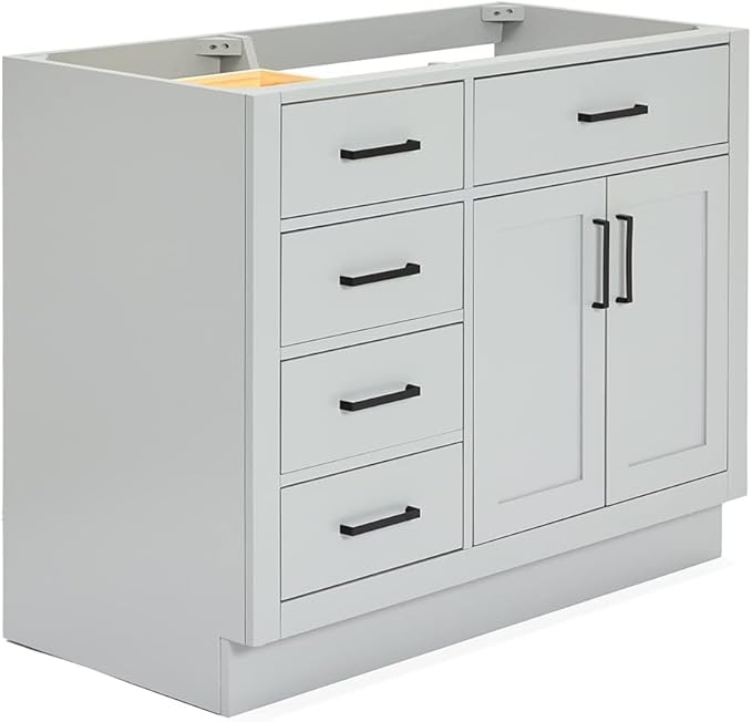 ARIEL Hepburn 42-inch Bathroom Vanity Base Cabinet,Solid Wood, 2 Soft Closing Doors, 5 Dovetail Drawers, Grey